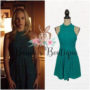 Caroline Forbes' Kimchi Blue Jackie High Neck Lace Dress